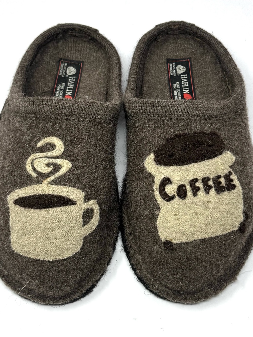 Haflinger Brown Pure Wool Slippers Coffee Motif Women Sz 6 Comfort Clogs